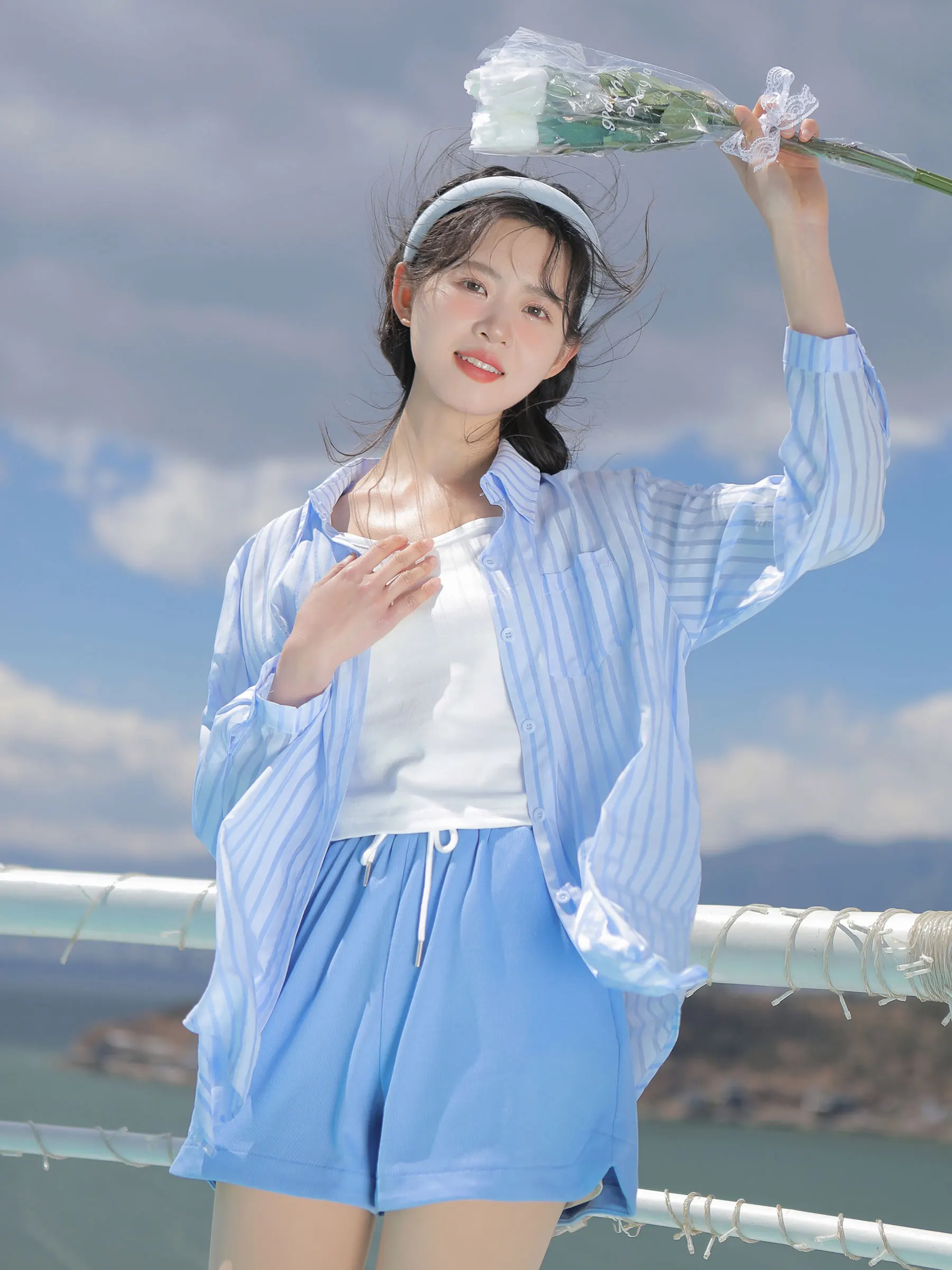 

Lingjiu Design Sense Midi irt Thin Blue Stripes Women's Summer Top orts Straight Cut Long Sve Sweet Sle Polyester Fiber