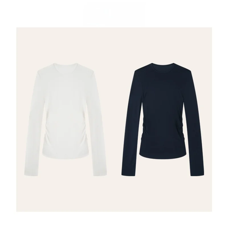 

DMX High Waist Slim Fit Long Sve T-irt Continuous Relaxing Pleated Waist Cinching High Rise Women's Casual Sle T-irt