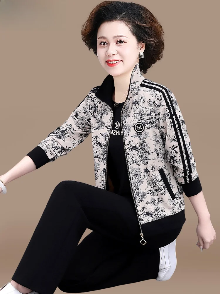 

Chic Midlife Mom Sportswear Set Women's Casual Large Size Top Spring Autumn Jaet Korean Sle Loose Fit Long Pants
