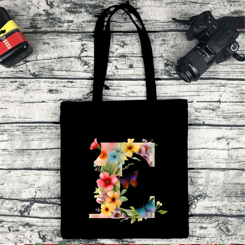 Flower Letter Black Canvas Handbag Casual Large Capacity Environmental Friendly Flower Shopping Bag Customization