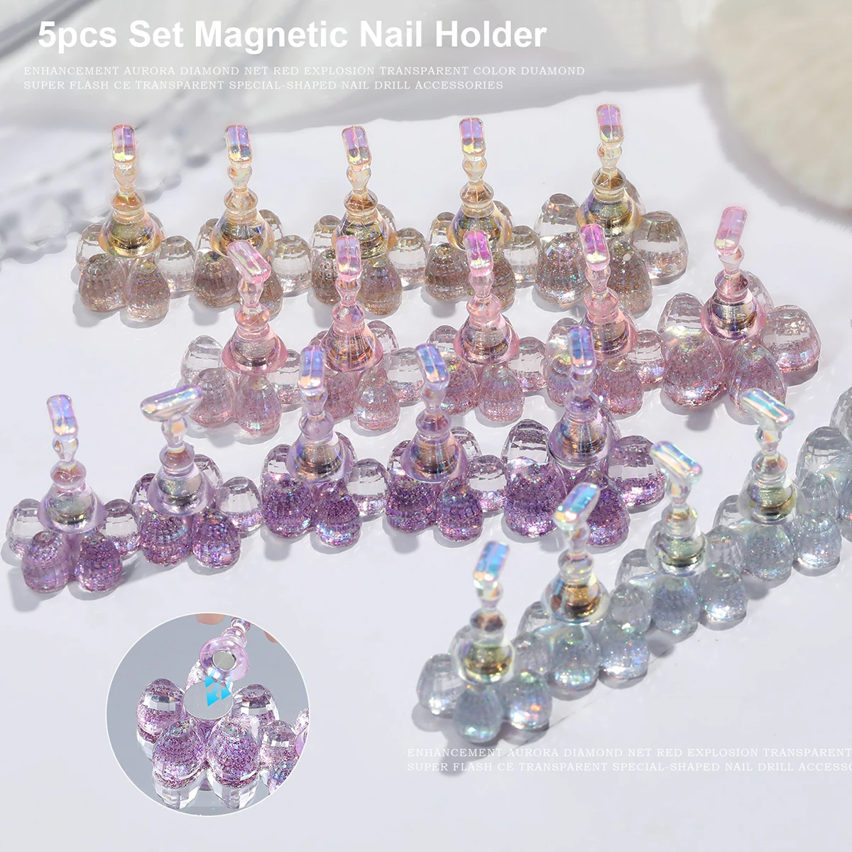 5pcs/set Chess Magnetic Nail Holder Practice Display Stand Aurora Pink Flower Base Gel Polish Display Stand Tool For Practice