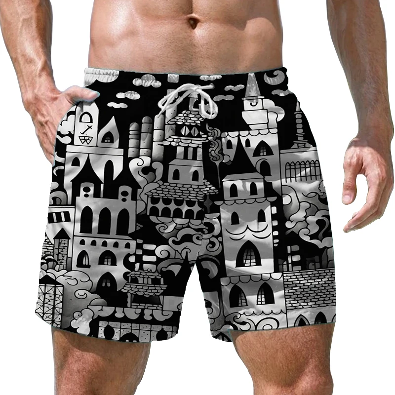 Pantaloncini da surf stampati in 3D per la casa in bianco e nero pantaloncini Casual larghi pantaloncini da vacanza al mare estivi pantaloncini da uomo ad asciugatura rapida