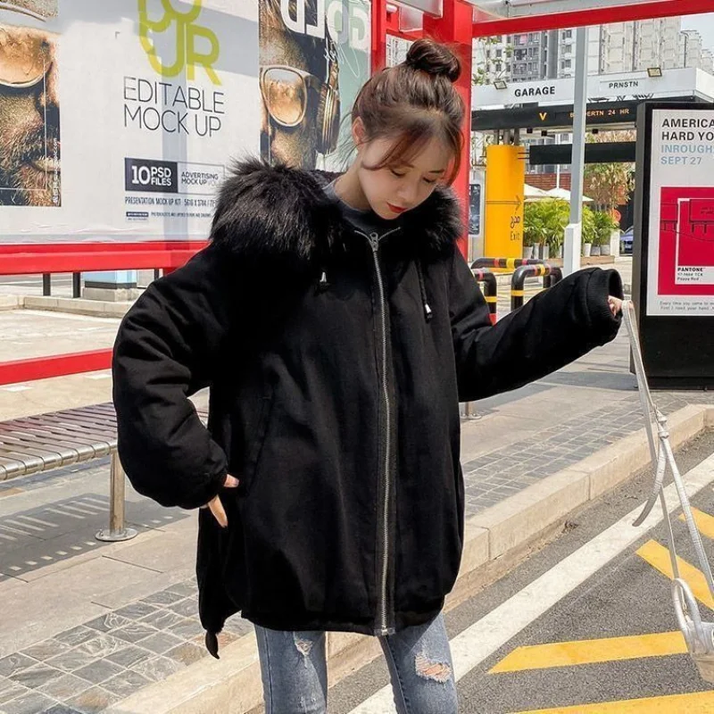 Fashion Plush Parka Jacket for Women's Korean Version Hooded and Thickened Cotton Jacket for Autumn and Winter New Student Top