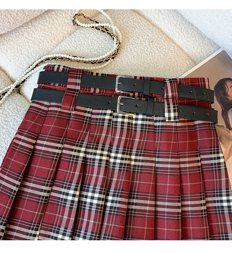 Dual-Gürtel Plaid Plissee Minirock Hohe Taille Boxy Tartan Rock Frauen Teengirl Preppy 90er Jahre Y2K Ästhetisches Frühlings-Sommer-Outfit
