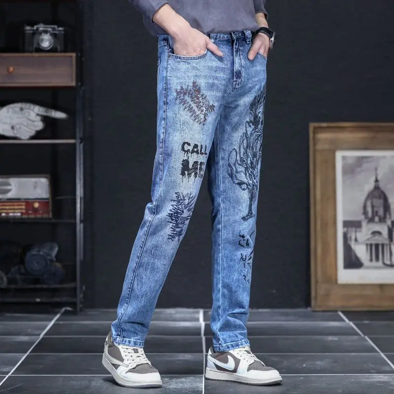 handsome personalized retro printed pattern men's jeans with slim fit trendy and versatile youth elasticity  skinny jeans men