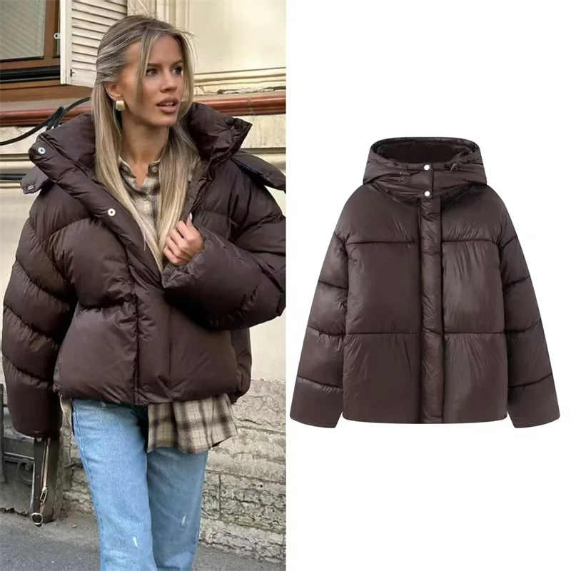 

Women's Coat 2025 Winter New Deep Brown Long Sleeve Loose Fit European and American Style Stand Collar Hooded Warm Cotton Jacket