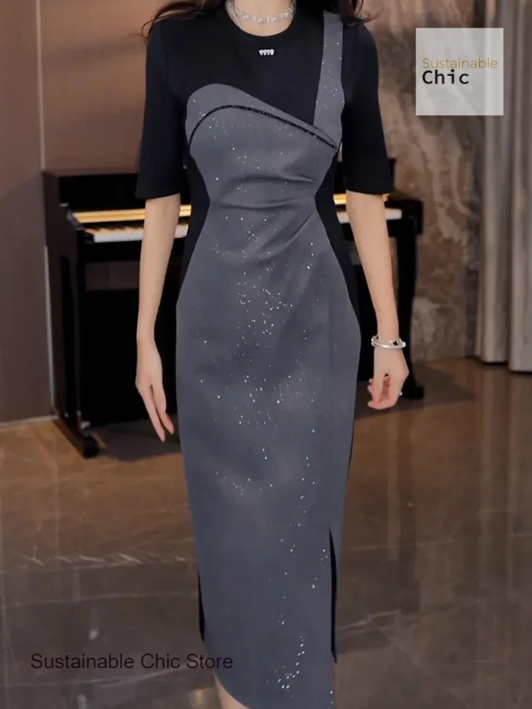 

Korean elegant ladies dress female summer new fashion temperament black and gray spell receive waist split slim long skirt.