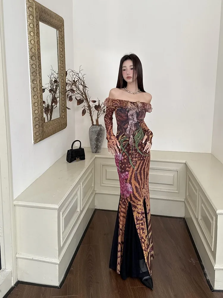 فستان ريترو صيني جديد مطبوع بدون أكتاف مع تصميم الربيع والخريف للنساء، فستان طويل مصمم وفريد من نوعه على شكل ذيل السمكة #6