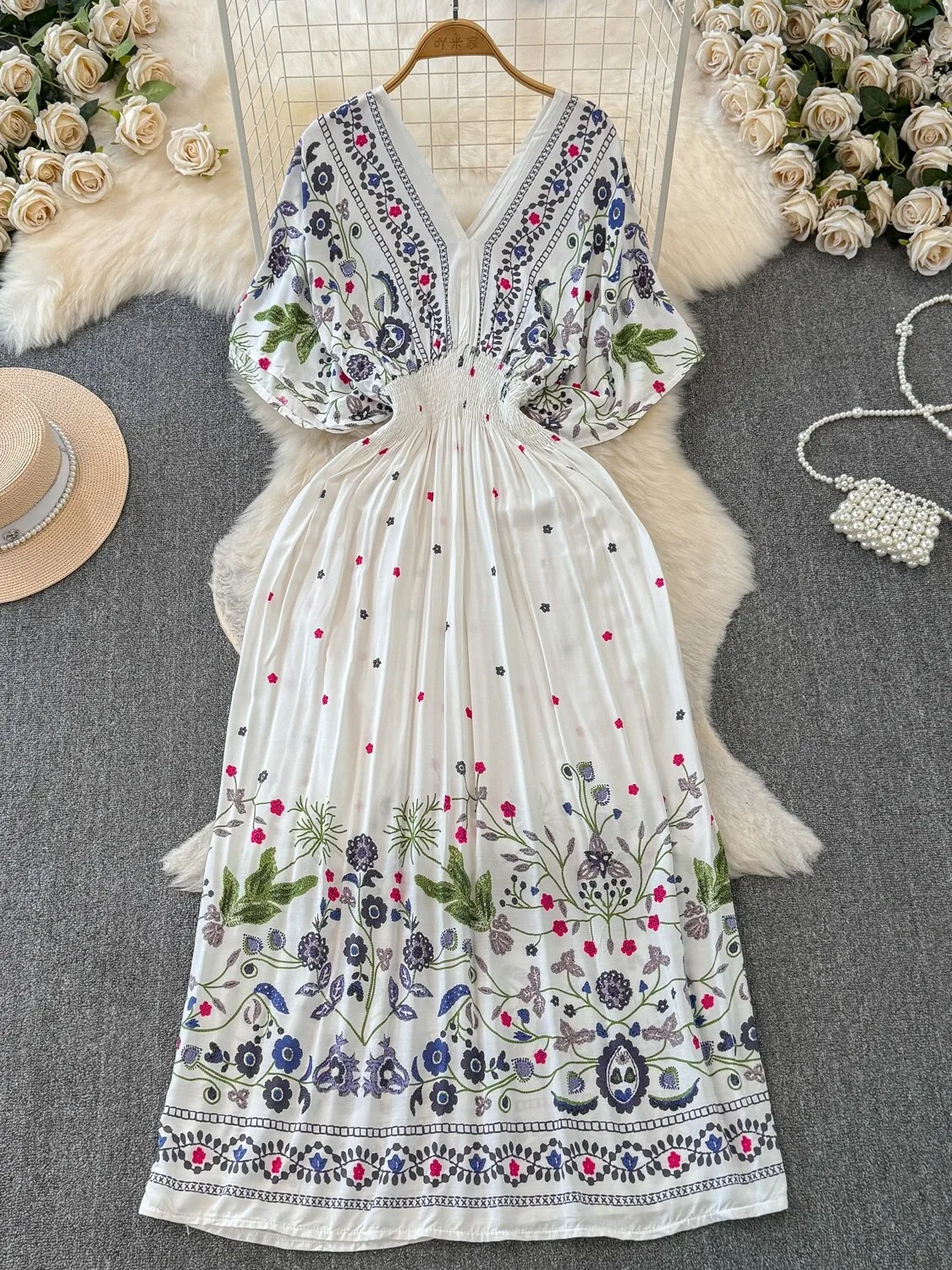 Women Slim Long Dress Embroidery V-neck Bohemian Ethnic Seaside Vacation Beach Boho Summer 2025