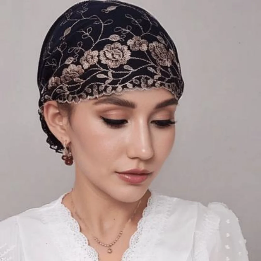 

Тюрбан с цветочной вышивкой, кружевная кепка для женщин, мусульманская женская накидка на голову, женская повязка на голову, хиджаб, объемная кепка