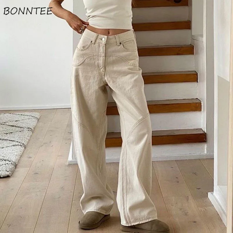 

Straight Jeans Women High Waist Solid All-match Pockets Single Button Zipper Chic Leisure Slim American Retro Loose Streetwear