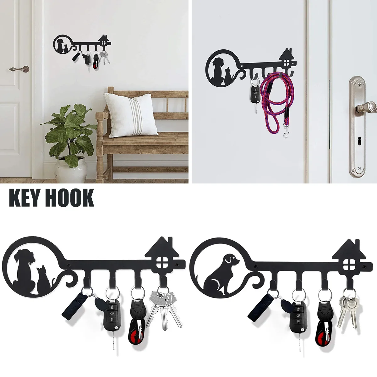 Key Holder with 4 Hooks for Decoration Wall-mounted Keys Stand Punching Installation Key Hanger Hook Keep Neat Iron Key Holder