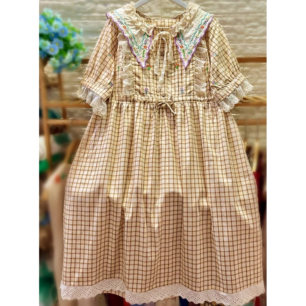 

Summer Mori Girl Cotton Plaid Floral Embroidery Long Midi Dress for Women Cottage Core Vintage Retro Evening Rococo Tunic Dress