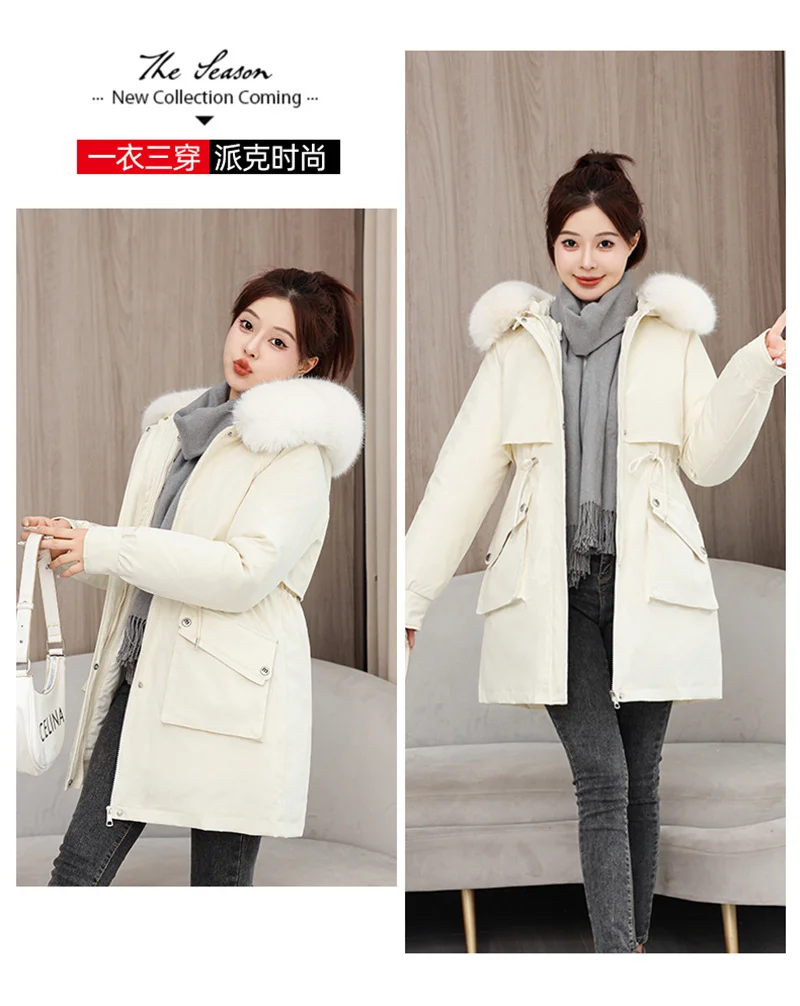 2026 New Winter Coat Down Padded Jacket Women Parkas Fur Collar Thick Hooded Cotton Coats Black Casual Outerwear Female Clothes