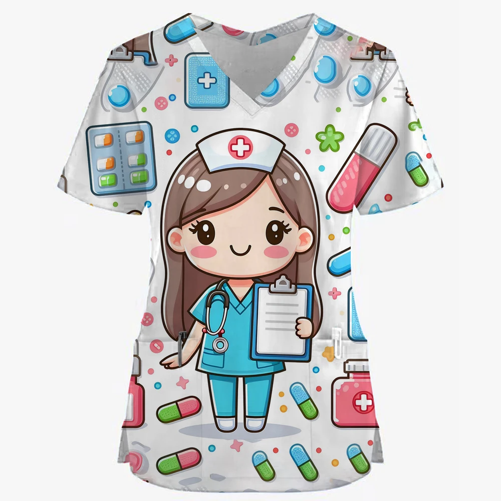 Cartoon Rabbit Print Nurse Medical Uniforms V-Neck Short Sleeve Pocket Workwear Top Scrubs Medical Accessories Uniform