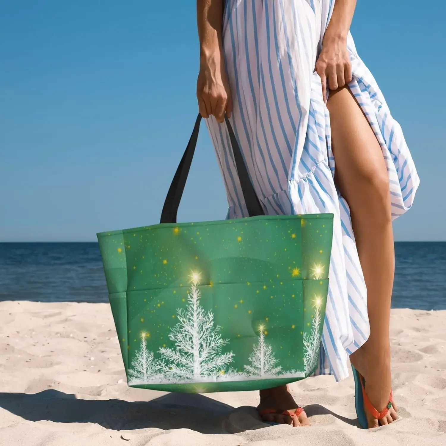 Christmas Green Large Beach Tote Bag for Women Extra Large Capacity Waterproof Sandproof Pool Bag Suitable for Gym Swimming