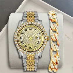 Luxury Men Watch Diamond Watch 2pcs Wrist Male Watch Rhinestone Golden Hip-hop Bracelet Watch Male Clock Relogio Feminino