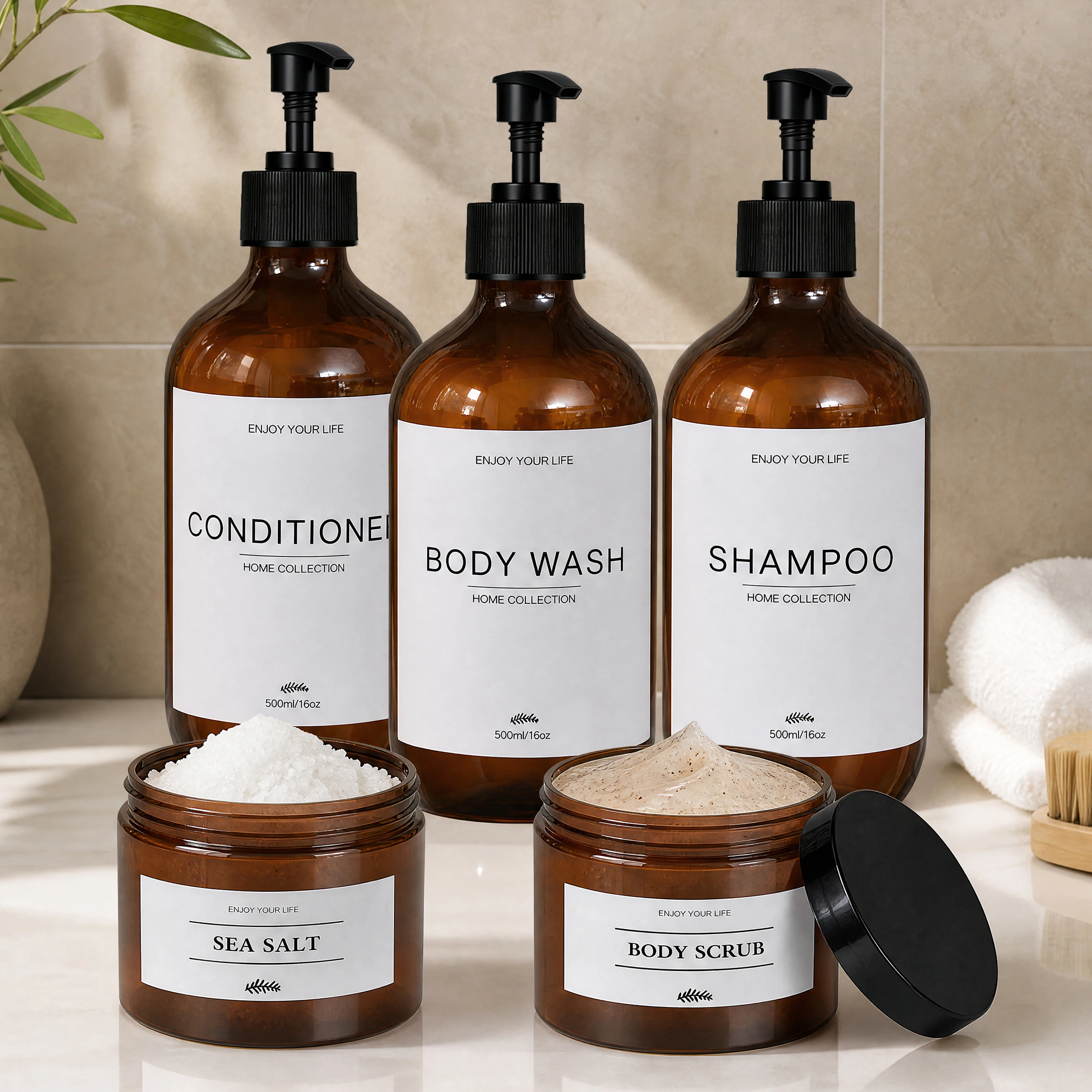 Bathroom Shower Soap Dispenser Set Reusable Amber Shampoo Conditioner Hair Mask Sea Salt Body Scrub Dispenser with Labels