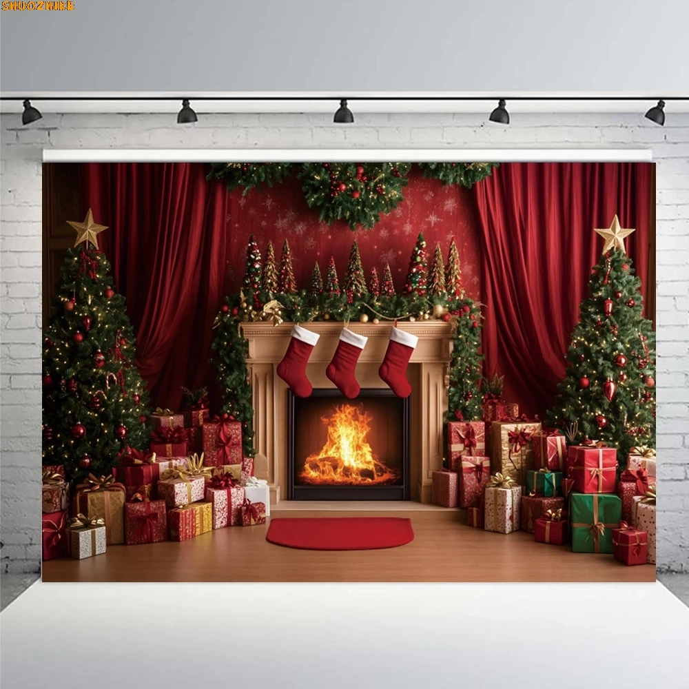 クリスマス写真背景暖炉クリスマスツリーギフトテディベアナヴィダードファミリーパーティーデコレーション背景写真スタジオ