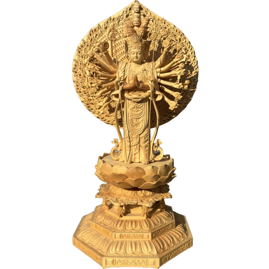 Hand-Carved Hinoki Thousand-Hand Guanyin Statue - 24.4
