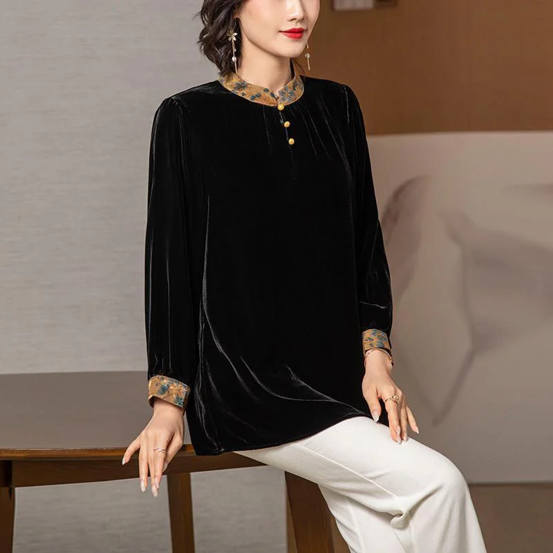 

Loose Vintage Velvet Patchwork Collar Long Sleeve Blouse