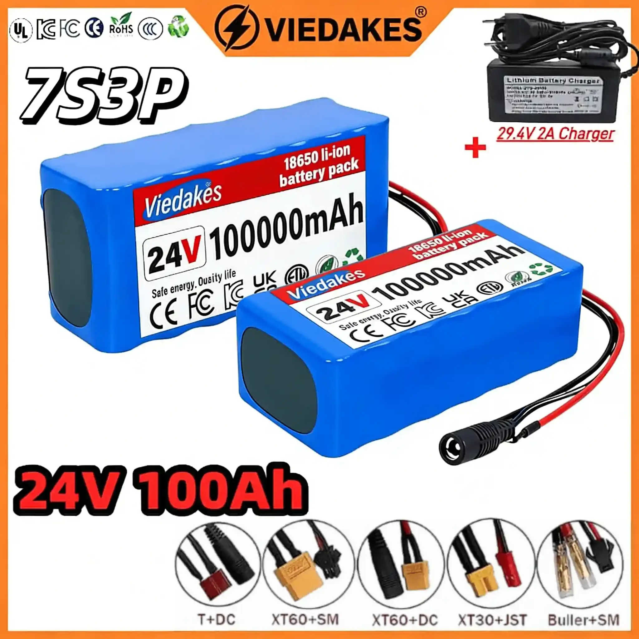 

24V 7S3P 100Ah Li-ion Battery Custom Connector BMS Protection with Charger Fast Shipping 24V Lithium-Batterie✅