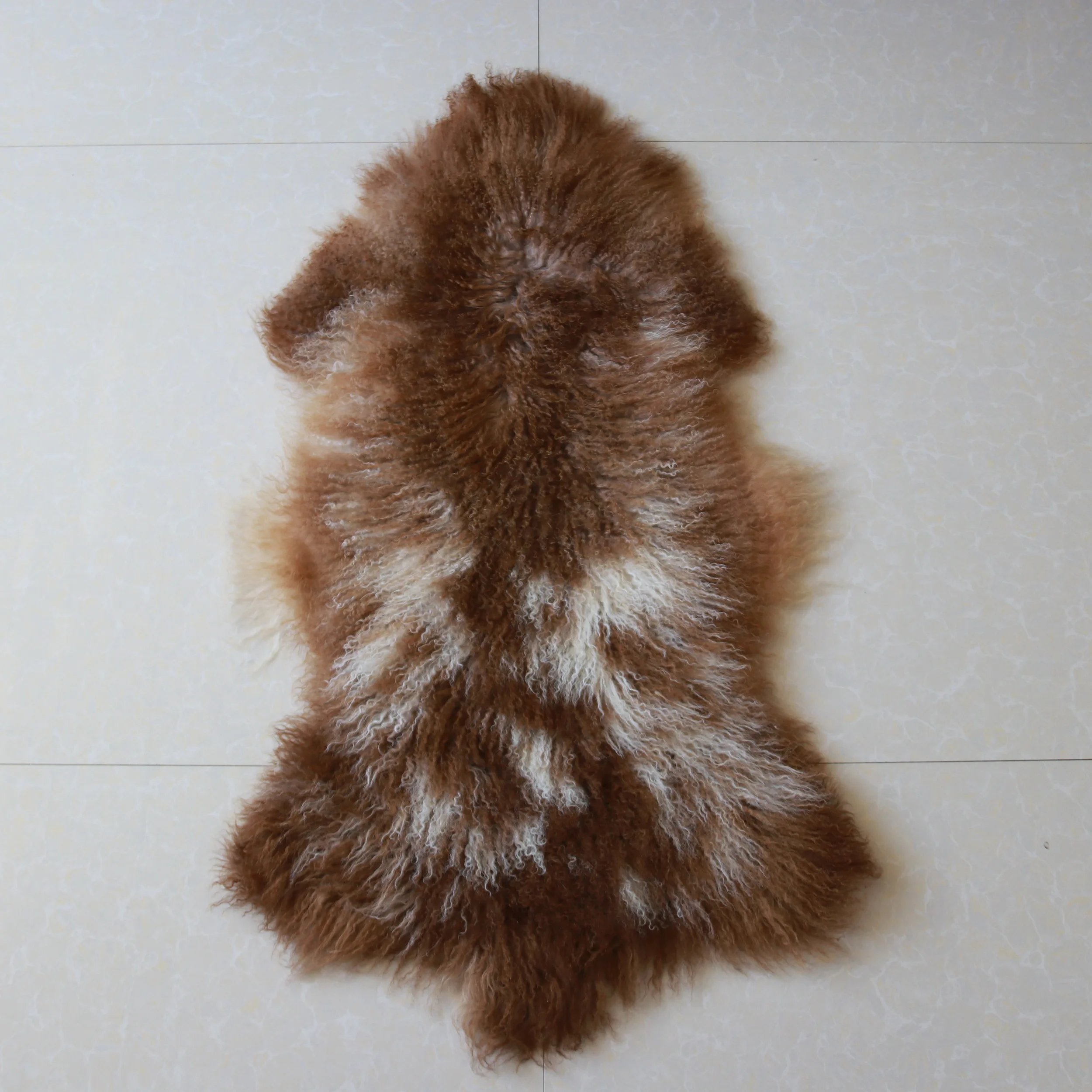 NMR016 Real Tibetan Lamb Skin Fur Throw White Spotted Taupe Brown Color Natural Mongolian Sheep Fur Rug