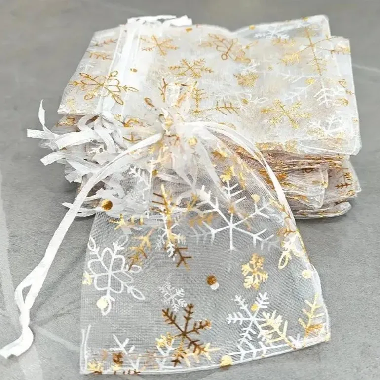 100pcs Snowflake Mesh Gift Bags Christmas Wedding Jewelry Storage Candy Packaging Bags Eco-Friendly Decorative Gift Wrapping