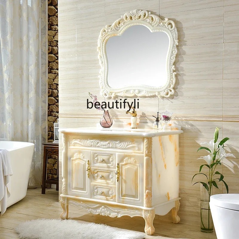

45European-Style Bathroom Cabinet Combination Light Luxury Jade Floor Wash Basin Washbasin Bathroom