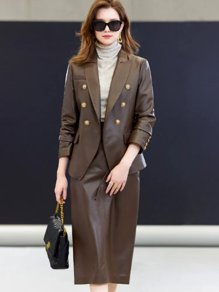 Office Ladies Elegant Genuine Leather Suit Jacket Slim Fit Spring Autumn Fashion Outerwear Women Double Breasted Sheepskin Coat