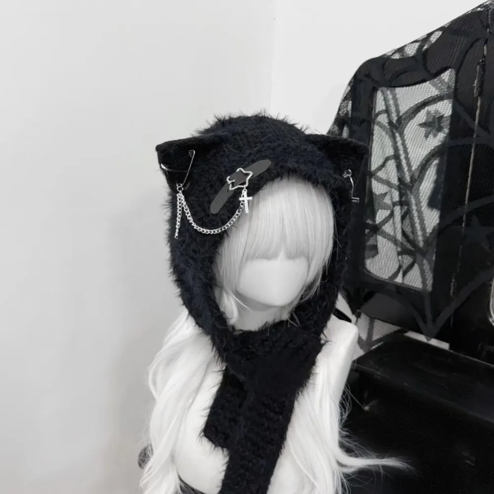 

Gifts Harajuku Japanese Cat Ear Hat with Scarf Cross Chain Leather Women Y2K Punk Knitted Caps Buckle Warm Ear Flap Hat