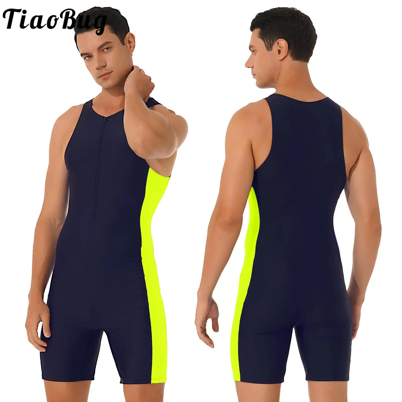 Tiaobug Mens Sleeveless Color Patchwork with Front Zipper Swimwear Jumpsuit Side Shorts Bodysuit Triathlon Wetsuit Beach Holiday