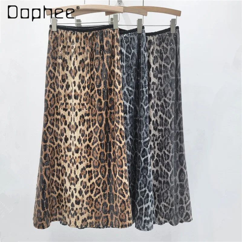 

Осенняя новая корейская версия, модная ретро-юбка-миди с эластичной резинкой на талии и блестками, прямая юбка-рыбий хвост с леопардовым принтом для женщин, длинные юбки