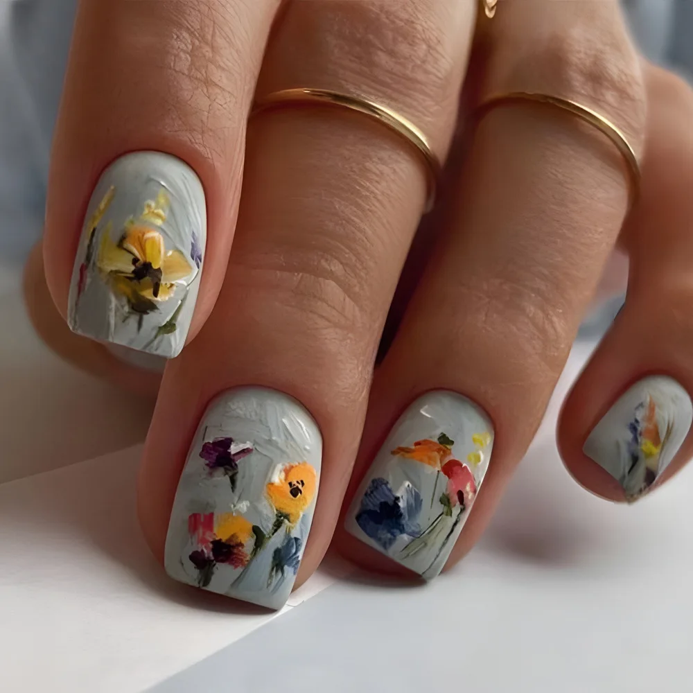 

24Pcs Press On Nails Vintage European Square Flower Oil Painting 3D Three-Dimensional Relief False Nail Removable Wearable Nail