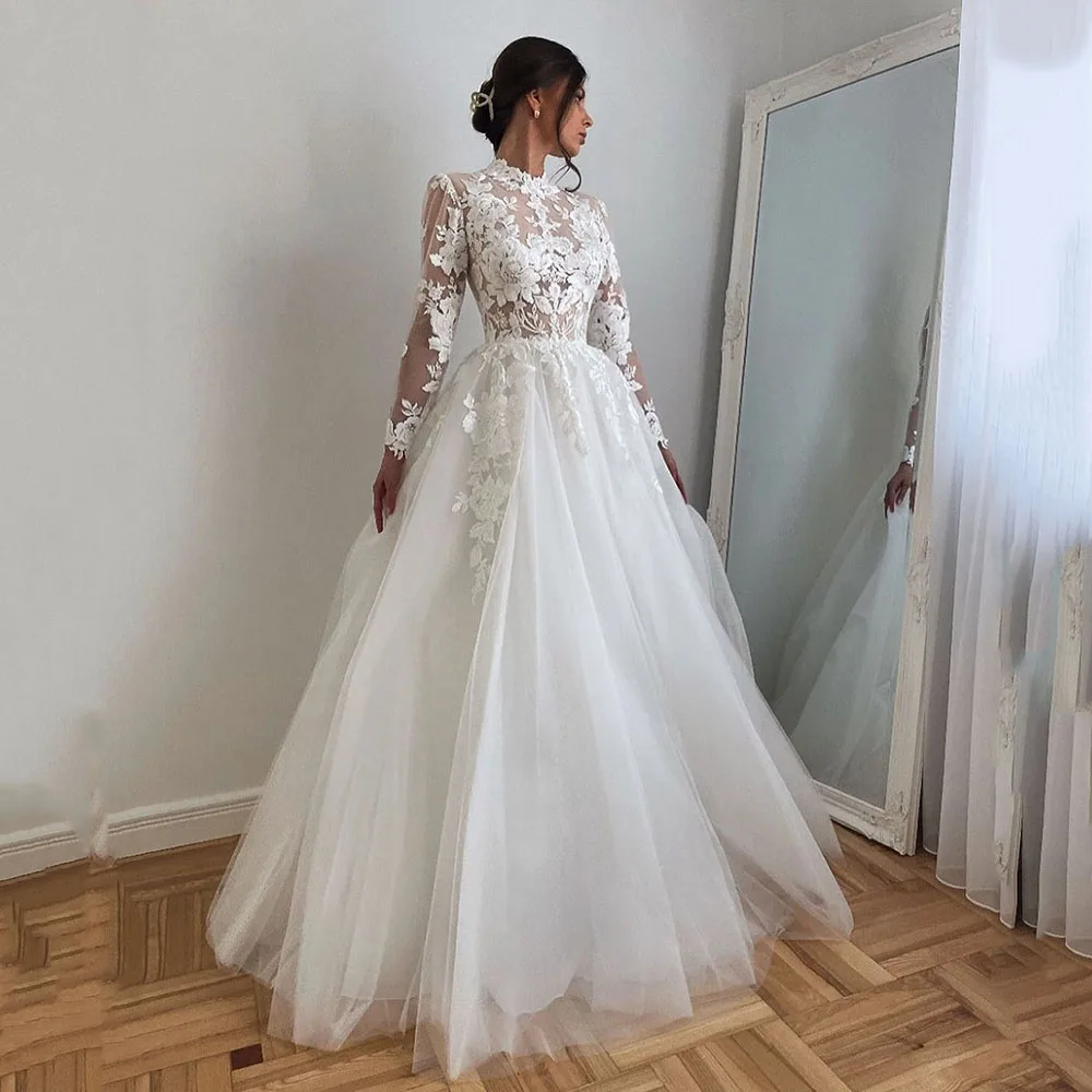 Vestido de novia de manga larga para mujer, traje de princesa con apliques 3D, cuello alto, estilo Vintage de Israel, 2024