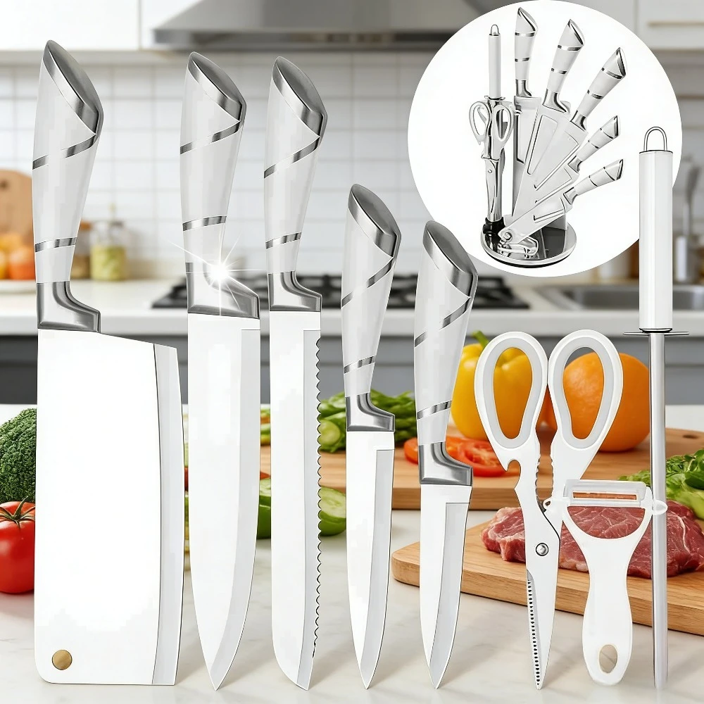 9-teiliges Küchenmesser-Set mit Block, Edelstahl, scharfe Kochmesser, weiße Griffe, Kochmesser, Schere, Schäler für die Heimküche