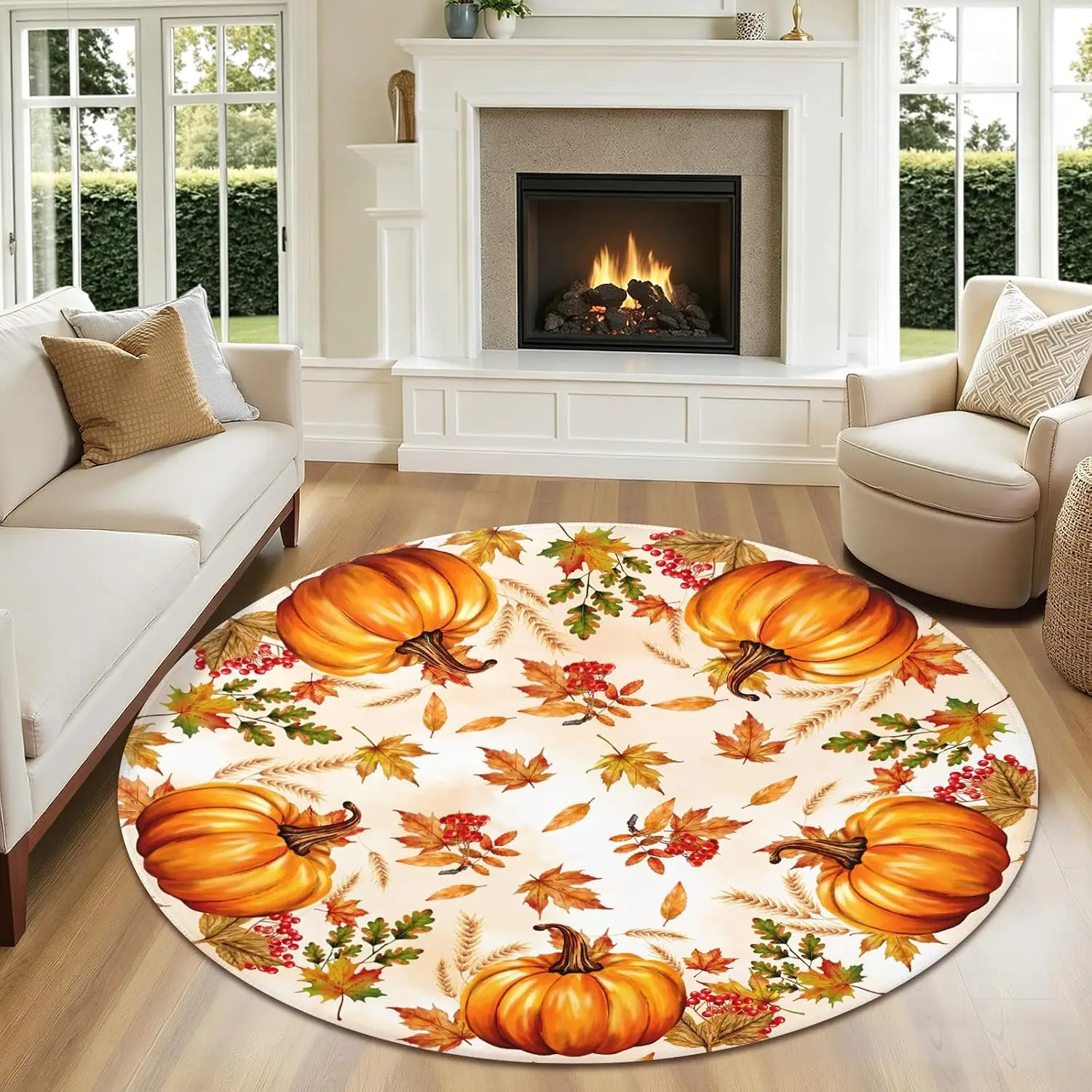 Fall Round Area Rug 5ft,Machine Washable Autumn Orange Pumpkin Maple Leaf Round Rug Non-Slip Thanksgiving Circle Rugs Low-Pile,Indoor Floor Carpet Mat for Living Room Bedroom Kitchen Dining Entryway