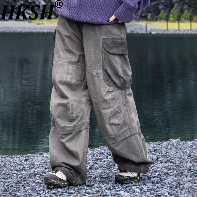 

HKSH осень зима новые мужские винтажные потертые драпированные лоскутные брюки-карго High Street хлопок панк модная техническая одежда HK13989