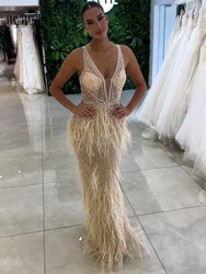 MYMB Stunning V Neck Beaded Feathers Formal Prom Wedding Party Gowns Pink Sexy High Split Mermaid Evening Ball Dresses DDS041