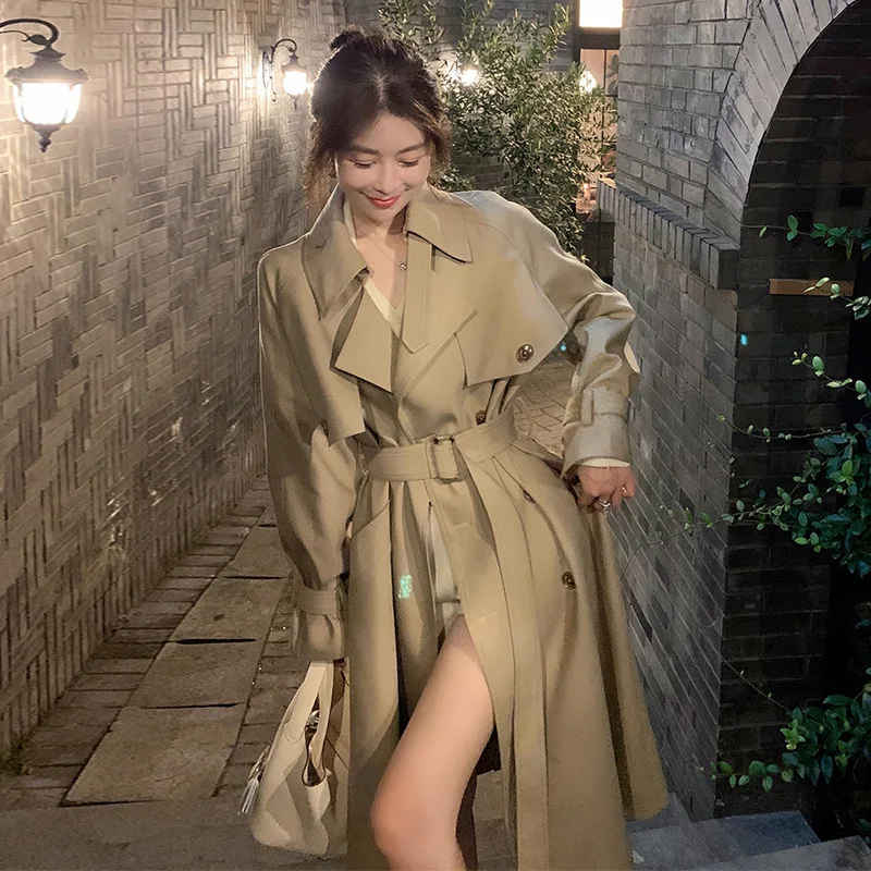 

2023 Autumn New Women's Long Solid Trench Coat Classic Double Breasted Lapel Coat Jacket With Belt Women's Classic