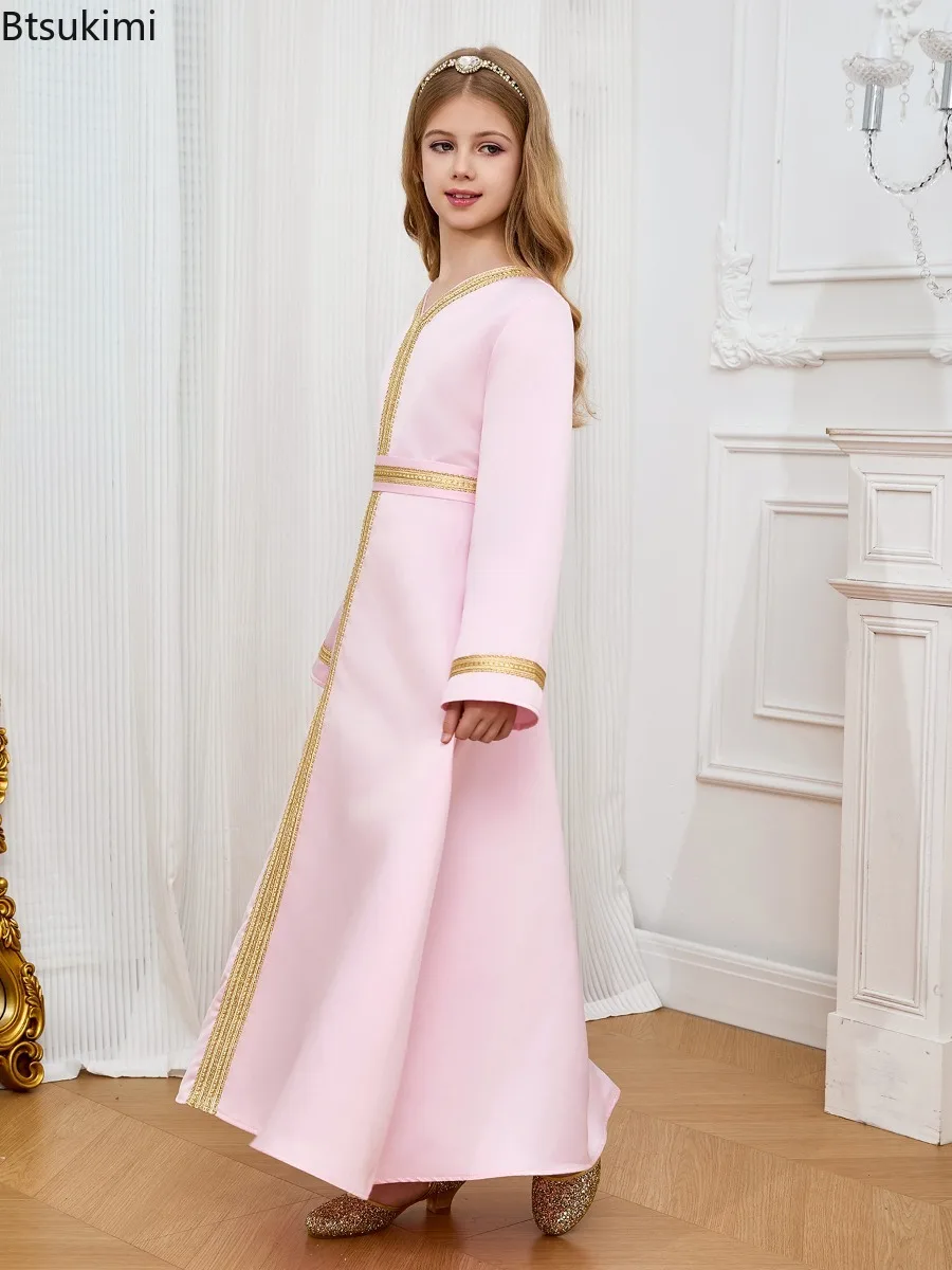 Girls Muslim Ramadan Abaya Kids Clothing Long Sleeve V Neck Prayer Dress Middle East Arabic Kaftan Robe Elegant Sweet Party Gown 3