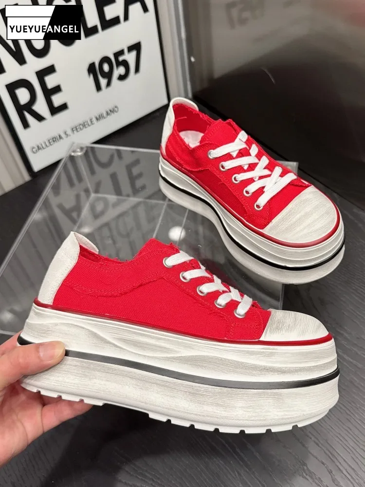 Women Casual High Heel Pumps Lace Up Height Increasing Platform Shoes Breathable New Summer Female Vintage Low Top Canvas Shoes