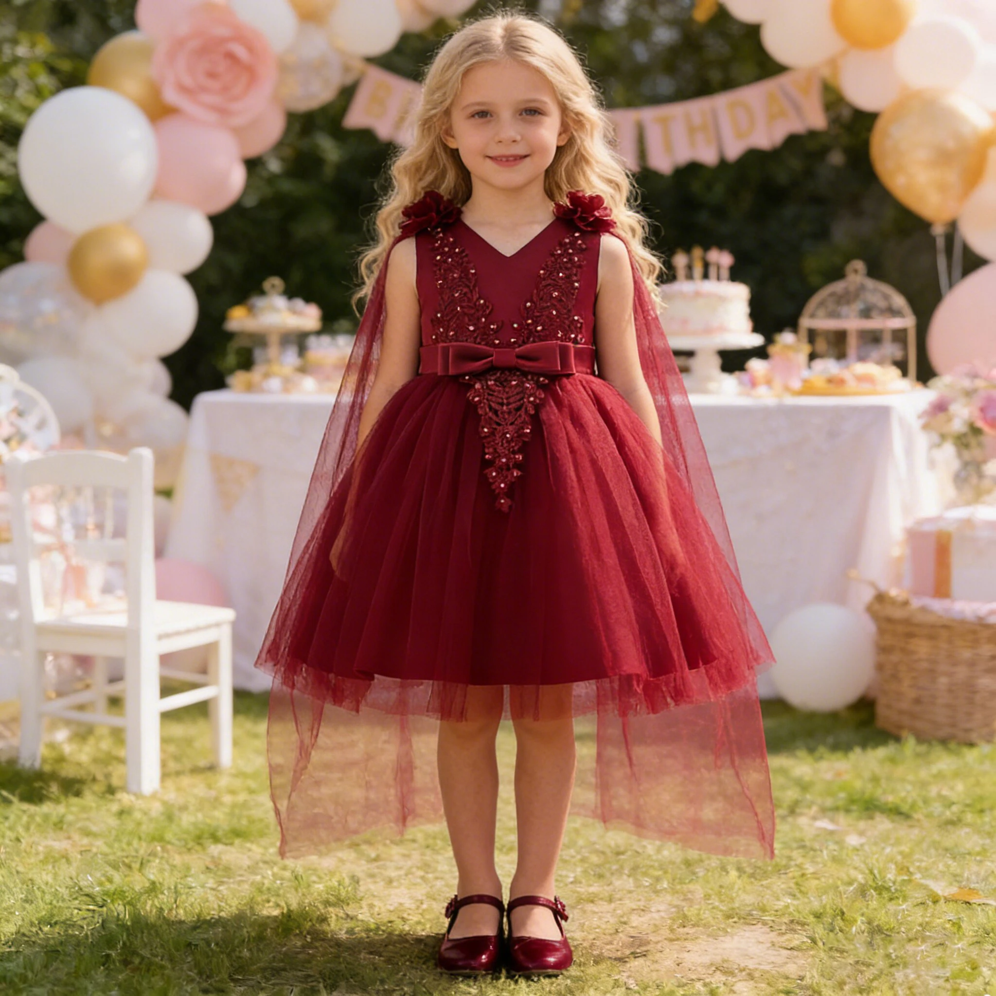 Modisches Blumen-Partykleid für Mädchen Elegantes Schleifenkleid für Hochzeit Brautjungfern Prinzessinnen-Ballkleider Mädchen Tüll Geburtstag Abendkleidung für Kinder