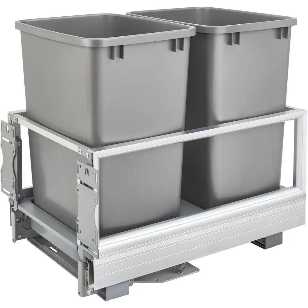 

double 35-quart pull-out trash can for kitchen base cabinets with wire basket and soft close feature
