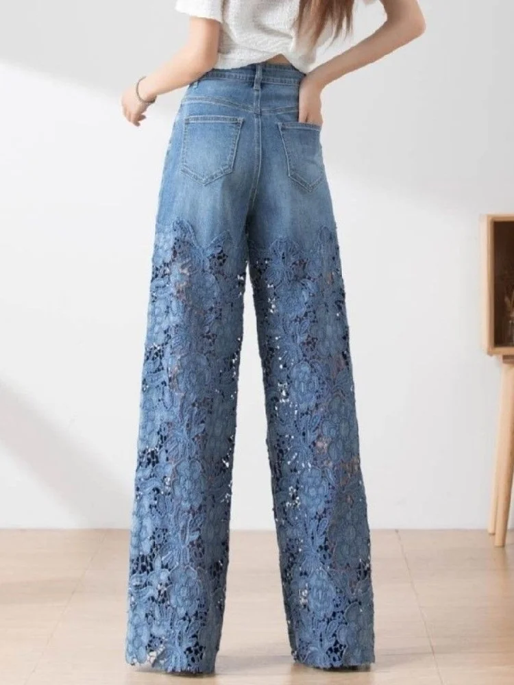 Fashion Women\'s Jeans 2024 New Spring Summer High-Waist Openwork Lace Stitching Denim Wide-Leg Pants Female Straight Trousers