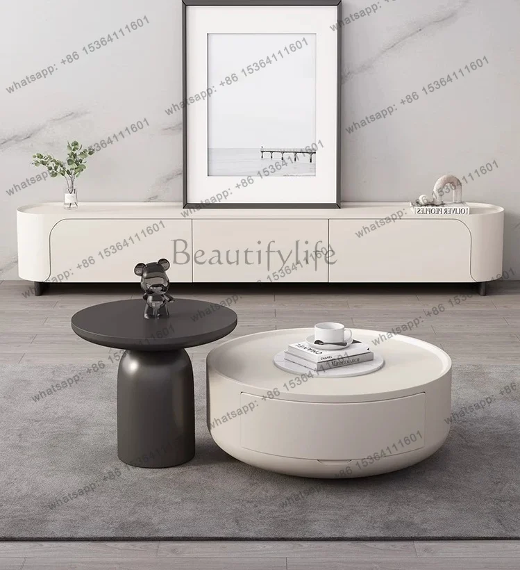 

LS cream wind coffee table French modern simple rock slab living room household size round coffee table