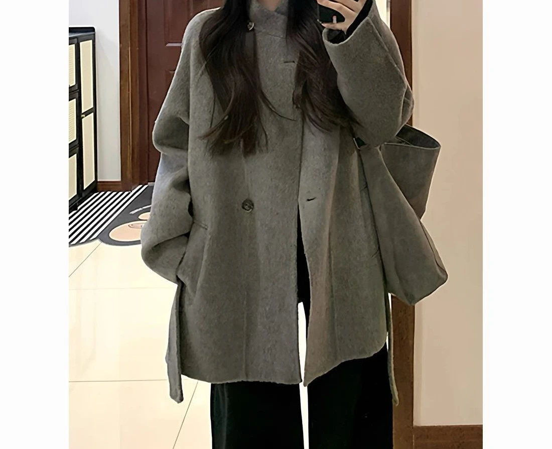 Szary krótki płaszcz wełniany damski na jesień i zimę 2025, nowy, luźny płaszcz wełniany