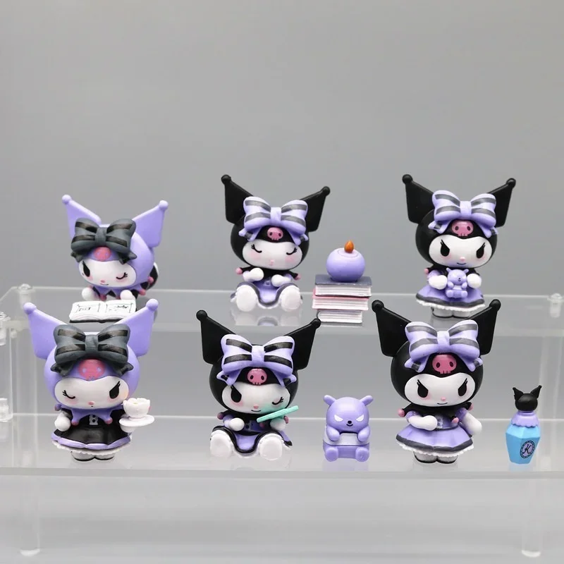 

6Pcs Sanrio Kuromi Decoration Doll Anime Action Figure Cute Toys Q Figural Car Desk Cake Decoration Model Children Birthday Gift