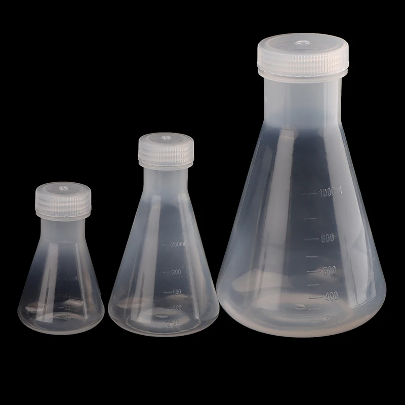Frasco Erlenmeyer de plástico de laboratorio de 50ml a 1000ml, botella contenedora cónica con tapón de rosca para experimentos de laboratorio
