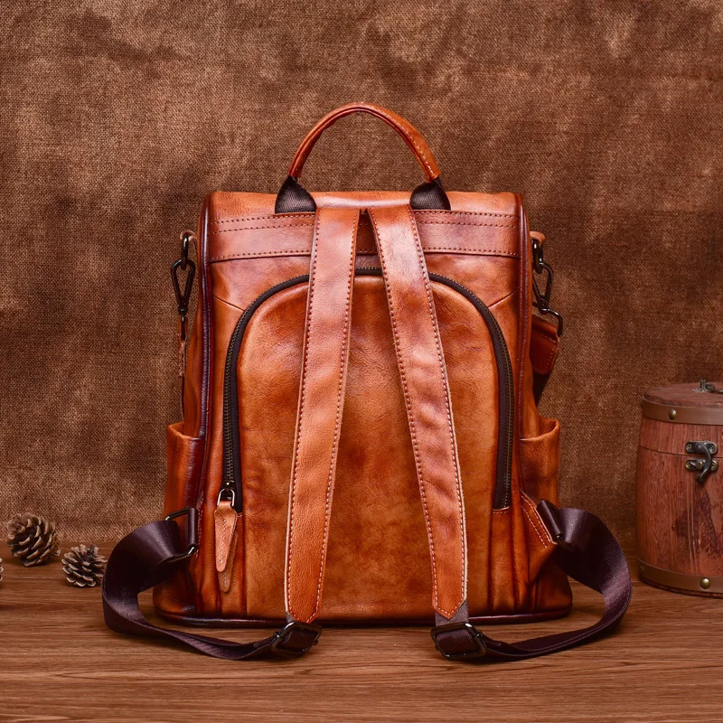 Vintage Women Backpacks 2024 New Genuine Leather Anti Theft Backpack Cowhide Large Capacity Ladies Travel Luxury Bags